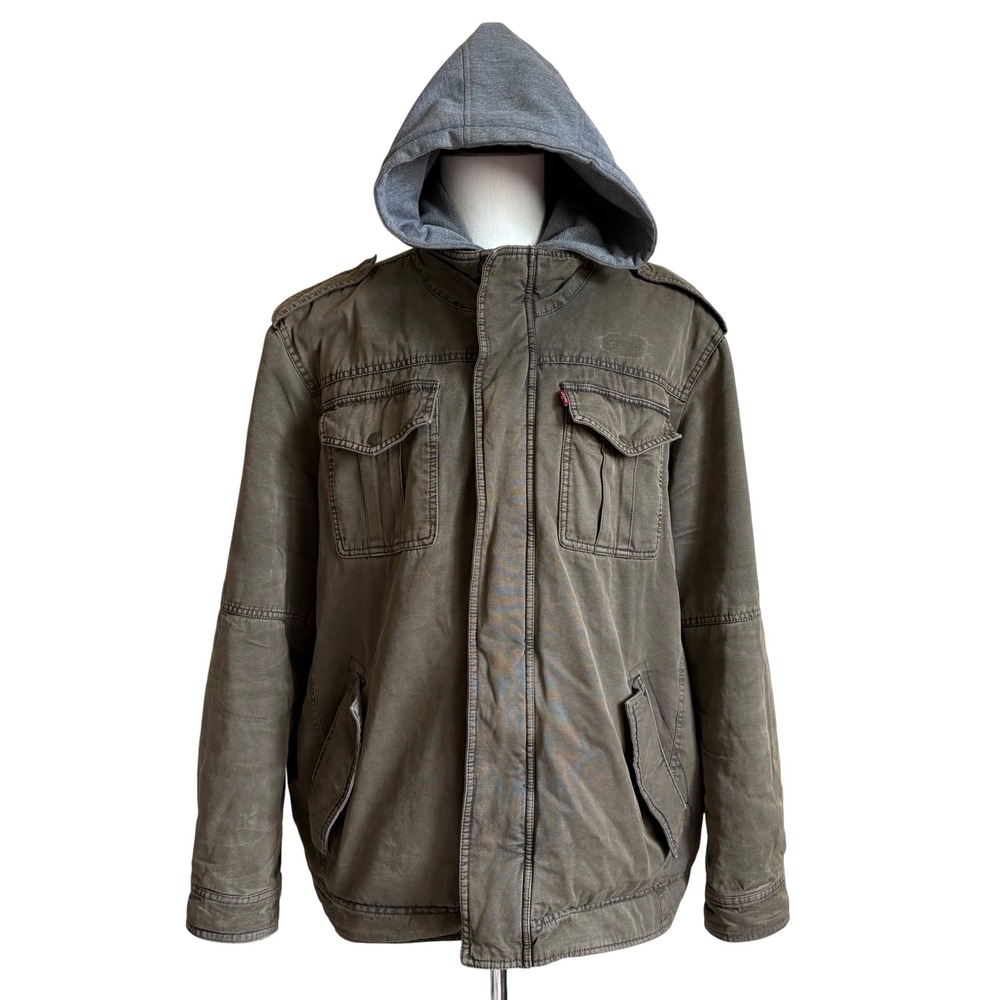 Levi's Field Jacket Mens XXL Olive Green Faux Fur Lined Hooded Canvas Utility